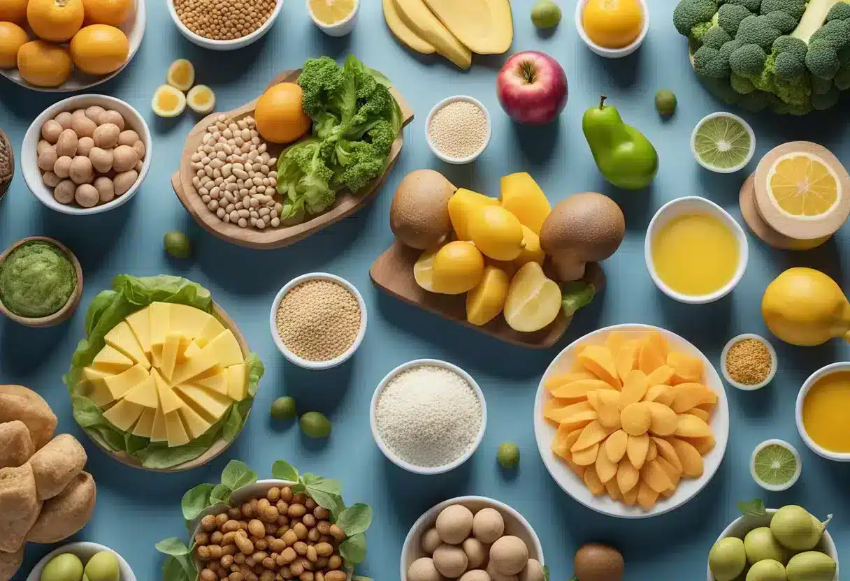 A variety of healthy foods arranged in a visually appealing and colorful manner, with labels indicating "high protein," "low carb," "healthy fats," etc