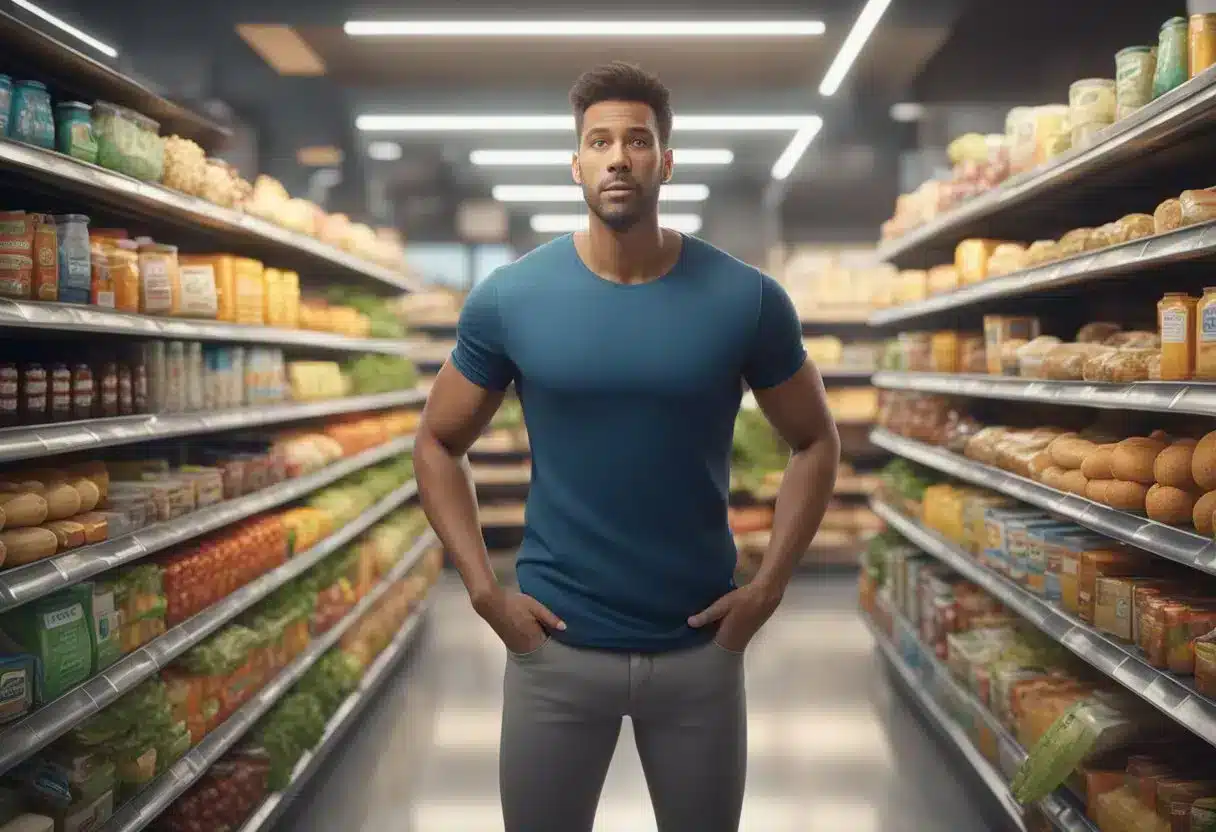 A chaotic mix of conflicting food labels and contradictory diet advice, swirling around a confused and overwhelmed individual