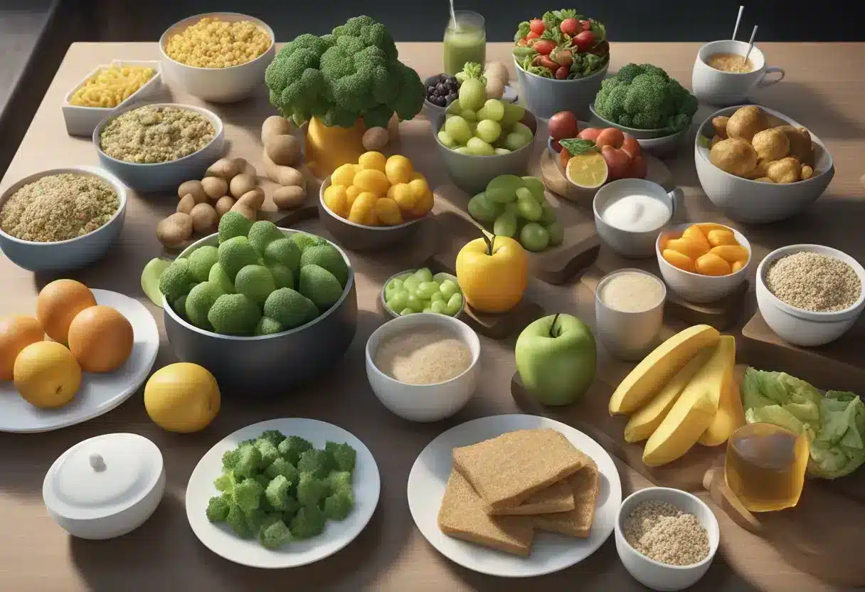 A table with various healthy food items, a meal plan chart, and a calorie shifting guide