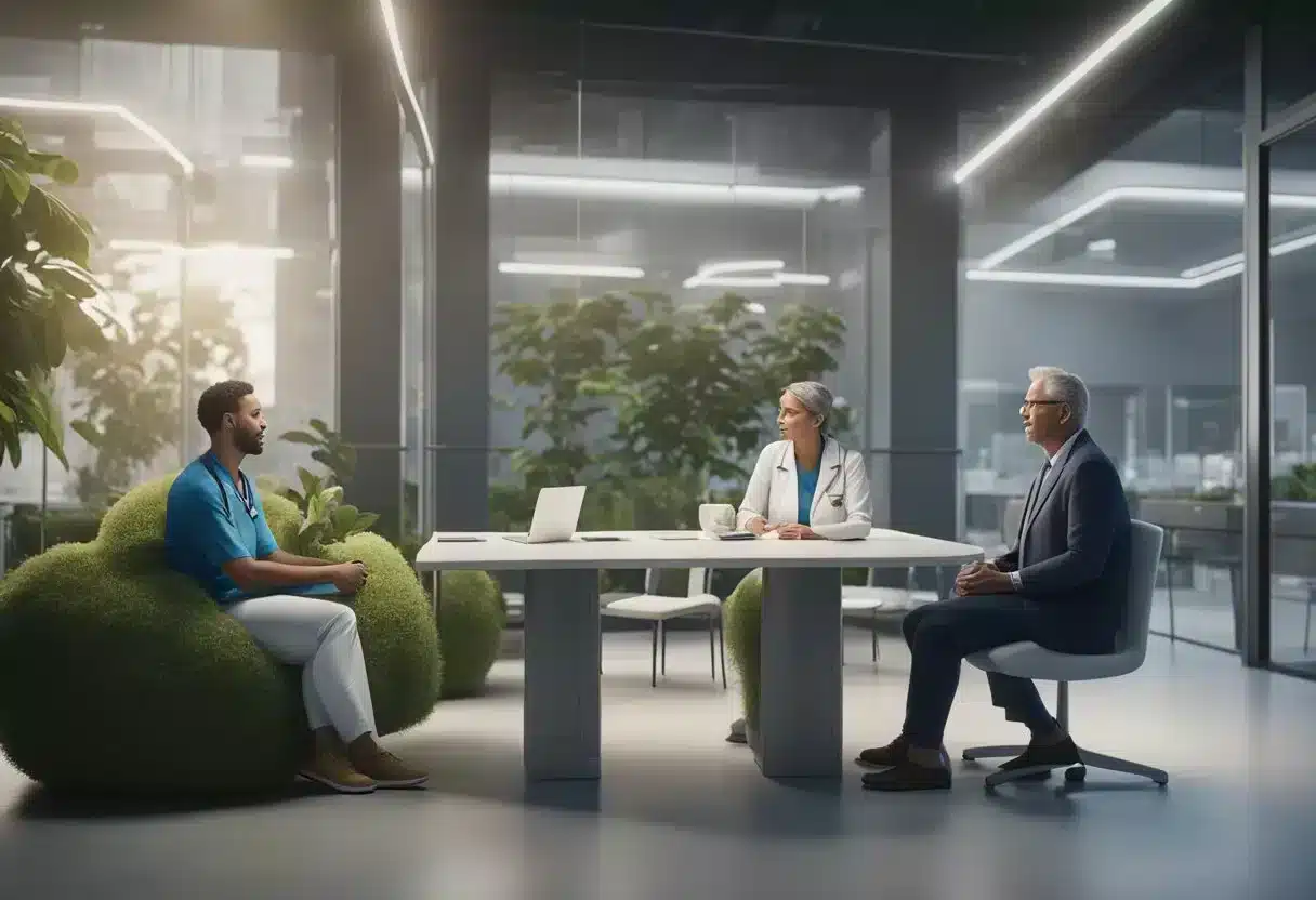 A person sitting across from a healthcare provider, asking questions about the metabolic confusion diet. The provider is listening attentively and providing information