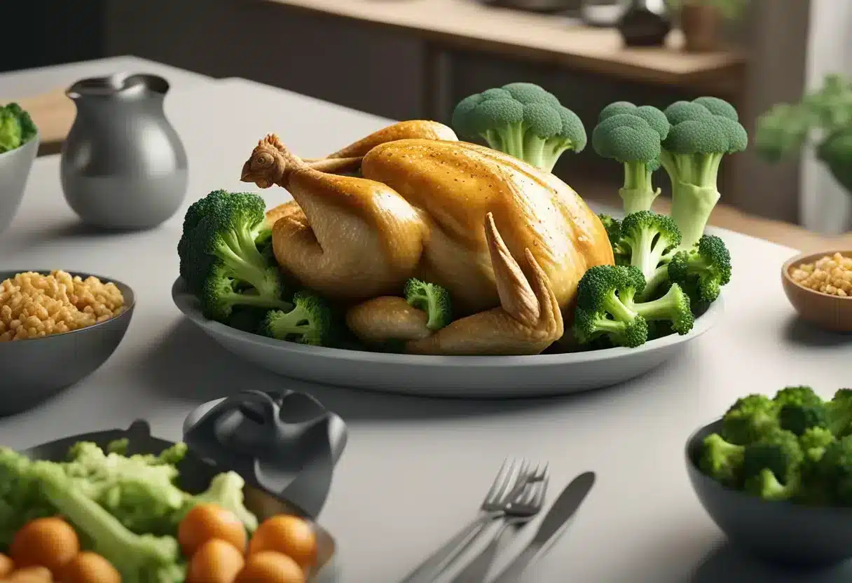 A chicken and broccoli dish surrounded by question marks and a FAQ sign