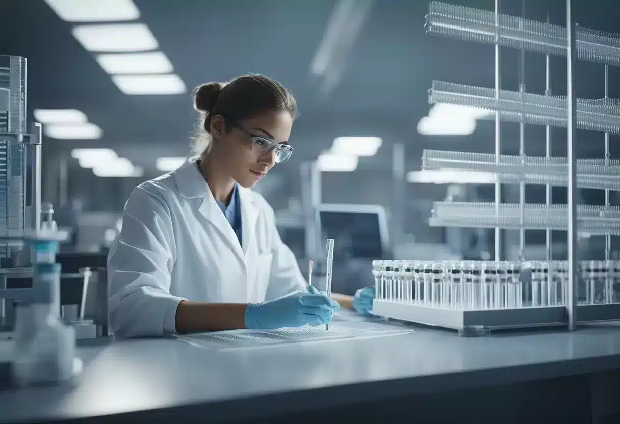 A lab technician conducts genetic testing on a DNA sample for disease prevention. Equipment and test tubes are arranged on a clean, organized workspace