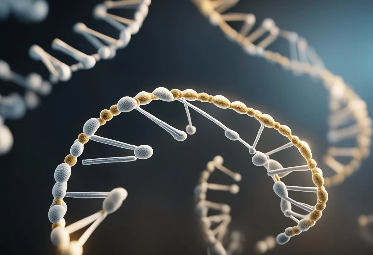 A DNA strand unwinds, revealing genetic markers for disease prevention. A scientist analyzes the data, highlighting potential health benefits