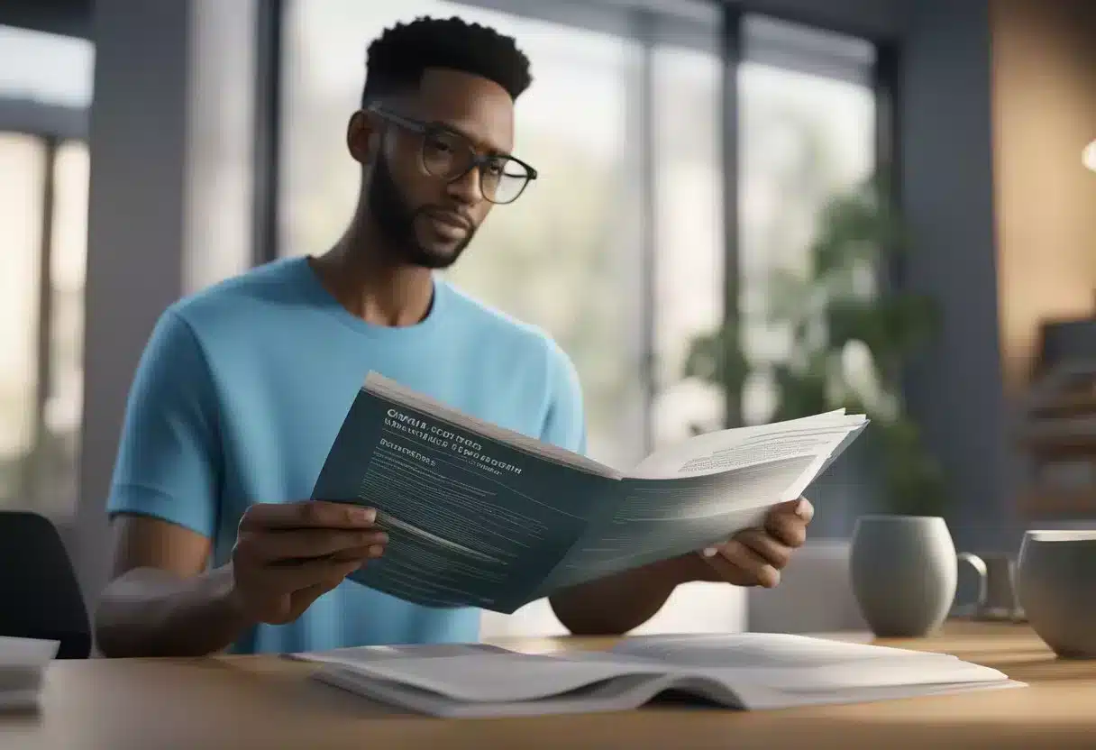 A person reading a pamphlet on genetic testing, with a computer showing FAQs on disease prevention