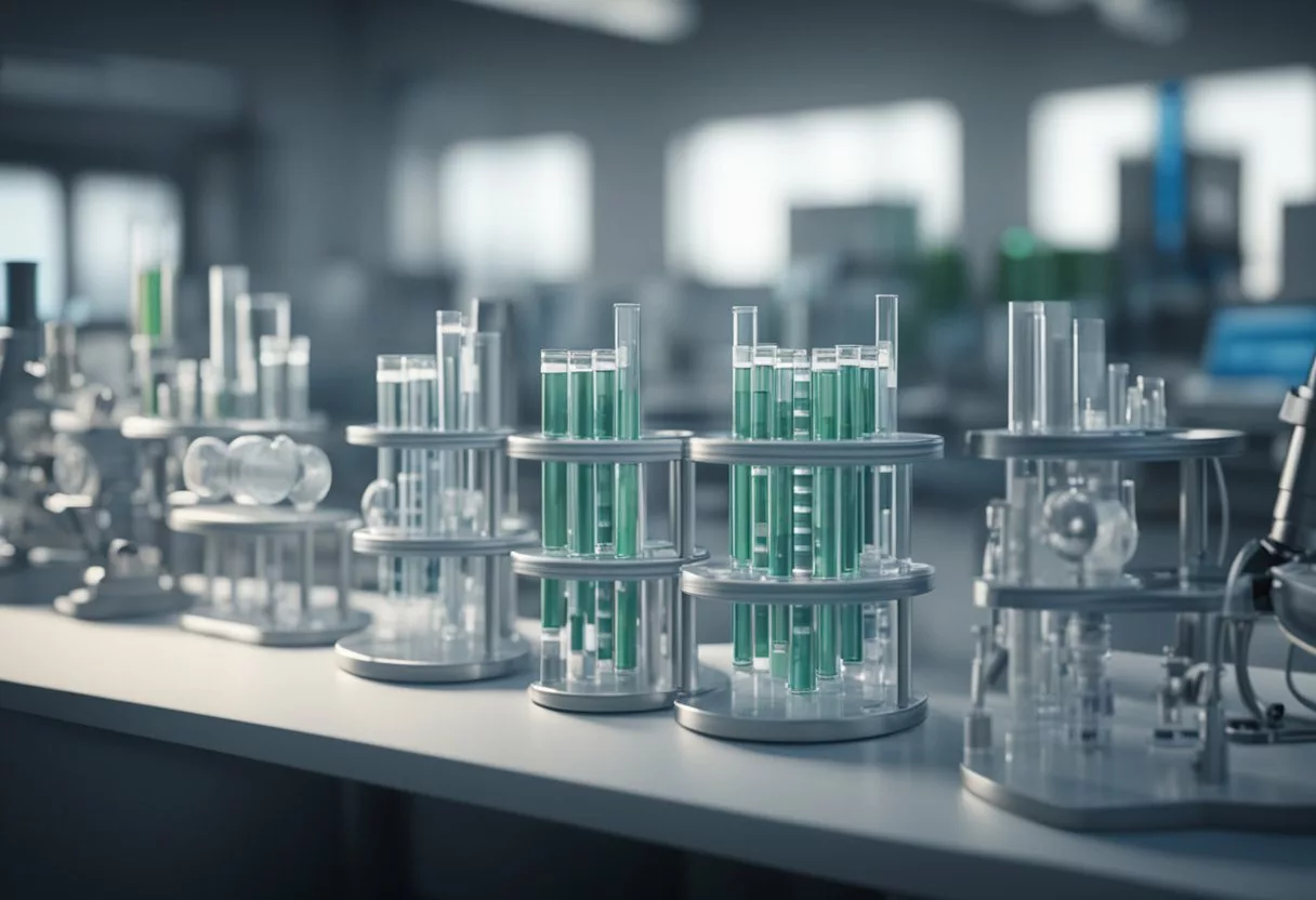 A laboratory setting with test tubes, microscopes, and DNA samples, with a focus on precision and accuracy in genetic testing for disease prevention in special conditions