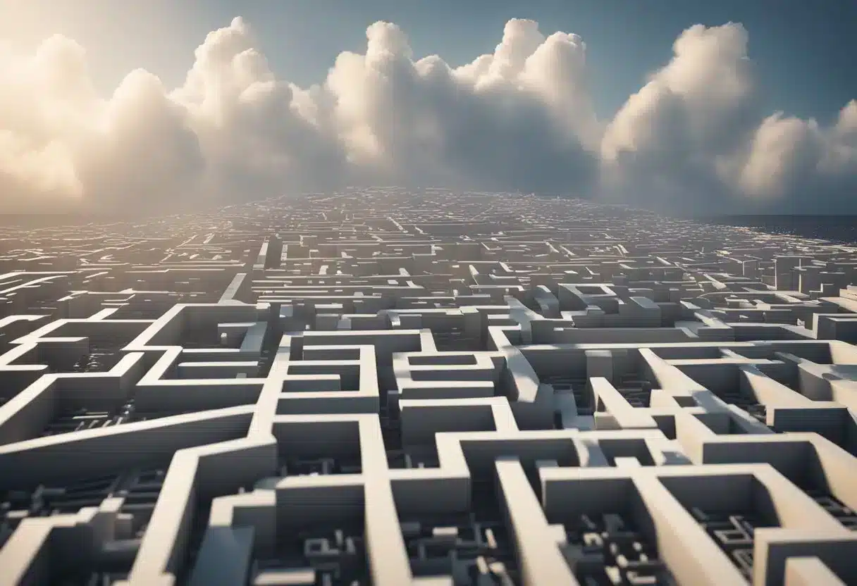 A maze of DNA strands with caution signs and risk symbols, surrounded by a cloud of uncertainty