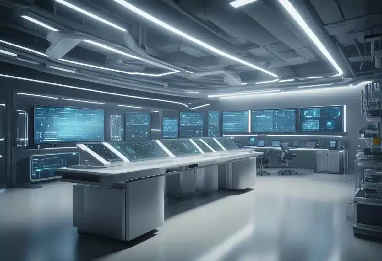 A futuristic laboratory with advanced genetic testing equipment and screens displaying disease prevention data
