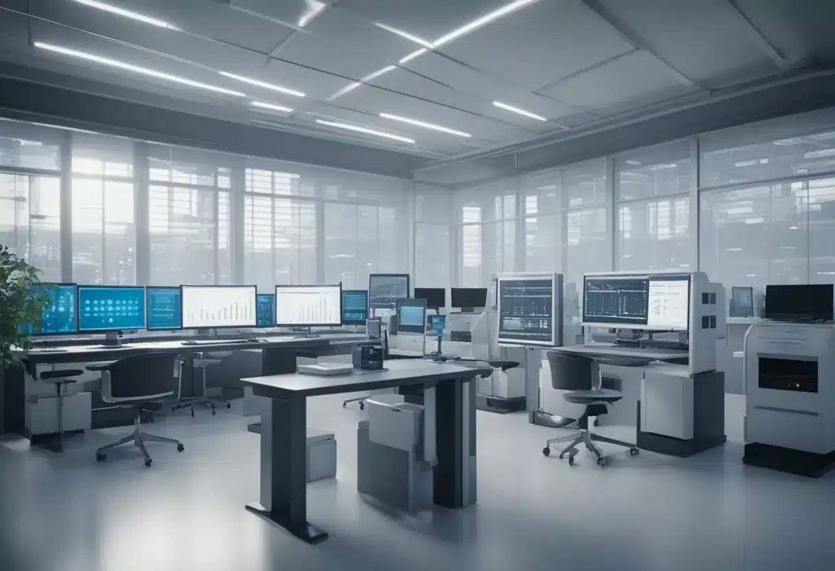 A genetic testing lab with equipment and computers. Charts and graphs show disease prevention data