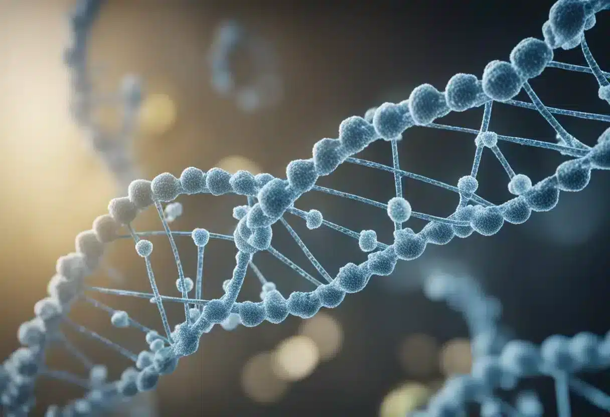 image-142 - Preventive Medicine Daily A DNA helix unwinds, revealing genetic code. A microscope zooms in on specific genes, highlighting their importance in preventive genomics