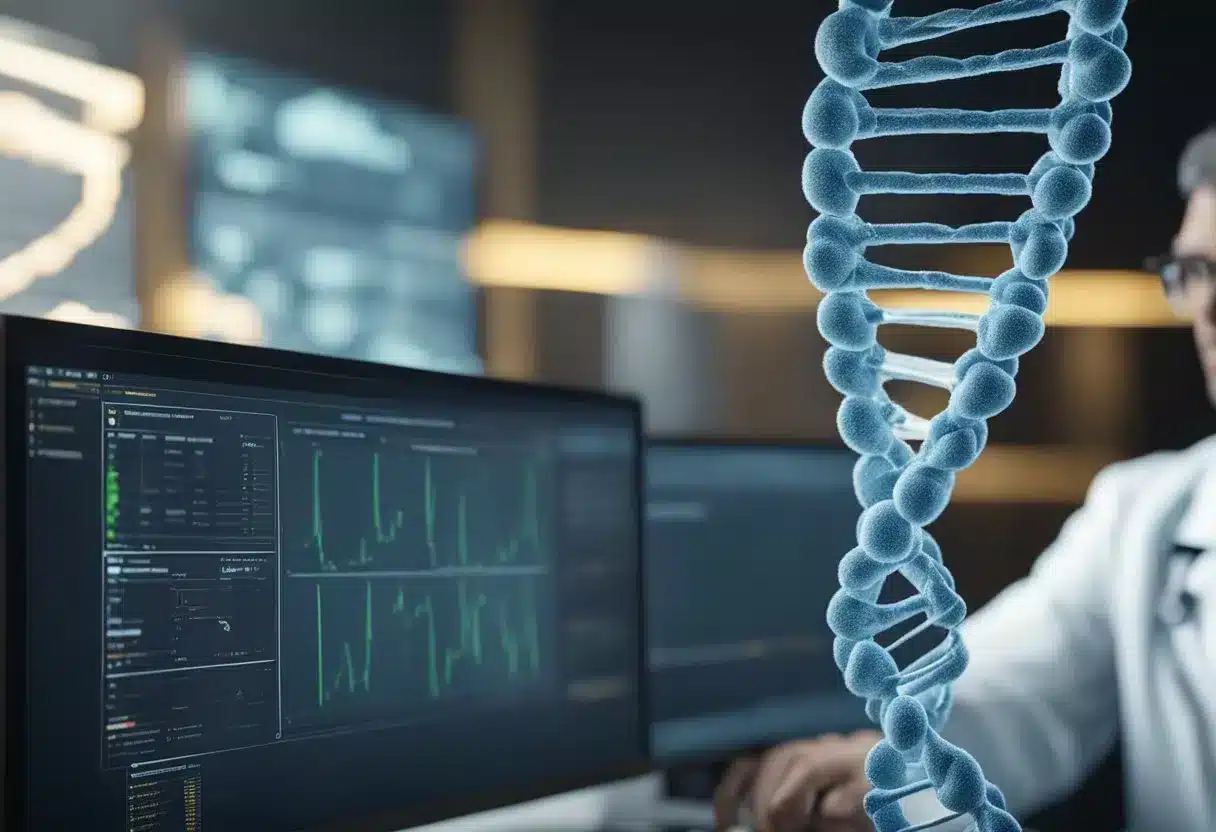 image-143 - Preventive Medicine Daily A DNA strand unwinds, revealing genetic markers. A scientist analyzes the data on a computer screen, identifying potential health risks
