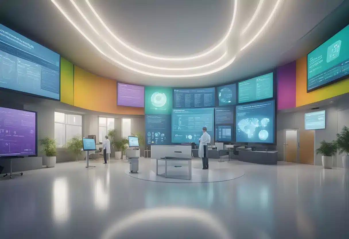 image-145 - Preventive Medicine Daily A colorful infographic displaying genetic information and educational resources on a digital screen, surrounded by engaged patients and healthcare professionals