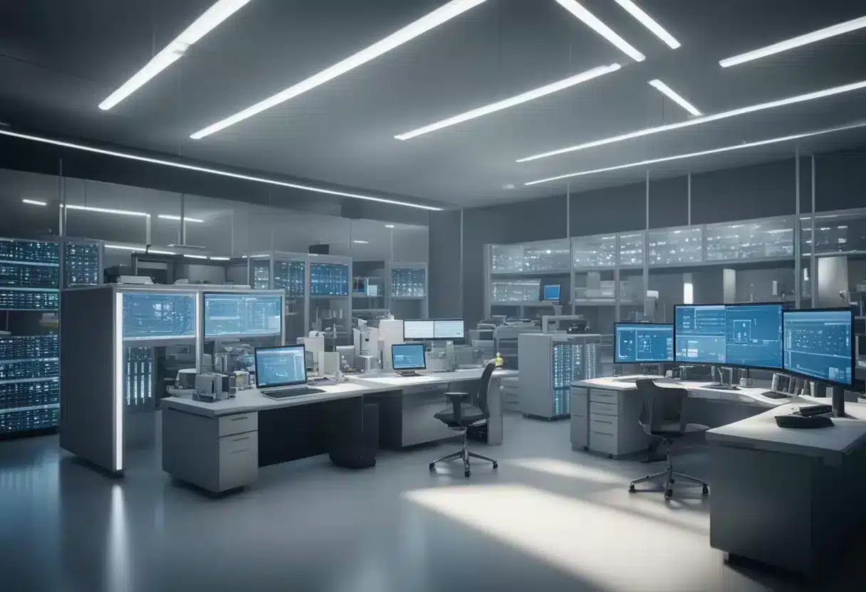 image-149 - Preventive Medicine Daily A laboratory setting with genetic testing equipment and a computer displaying genomic data. Multiple scientists working together to analyze and integrate preventive genomics