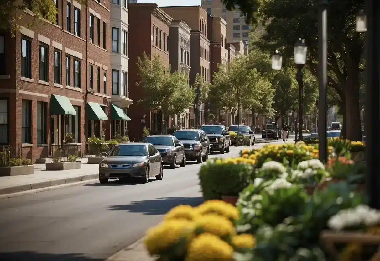 A bustling urban neighborhood with diverse housing, schools, parks, and access to fresh food and healthcare facilities