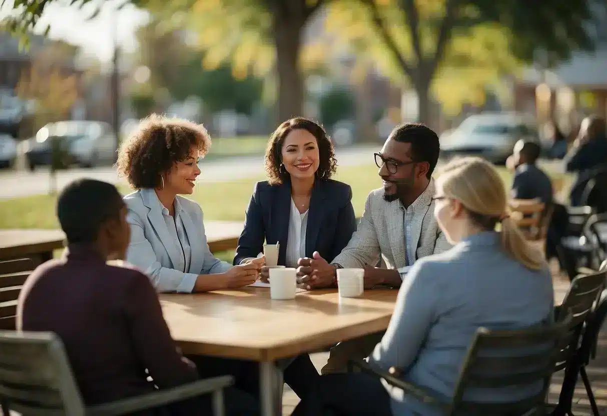 A diverse group of people discussing social determinants of health in a community setting