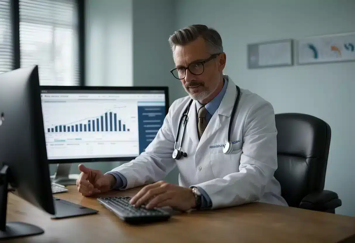 A doctor consults with a patient via video call, while medical charts and a stethoscope sit on the desk