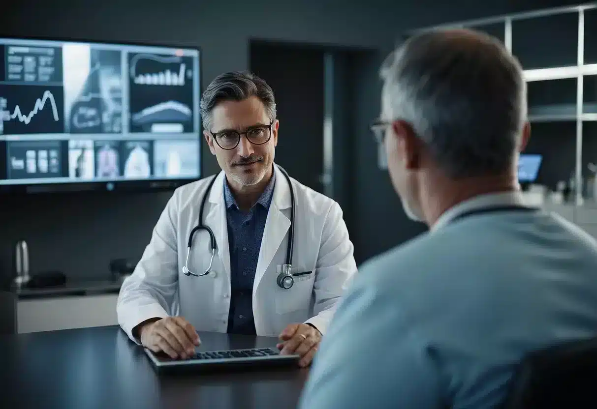 A doctor conducts a virtual consultation with a patient, discussing preventive health measures. Medical equipment and technology are visible in the background