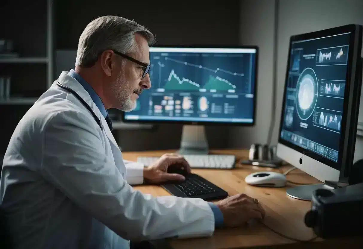 A doctor consults with a patient via video call, surrounded by medical equipment and charts