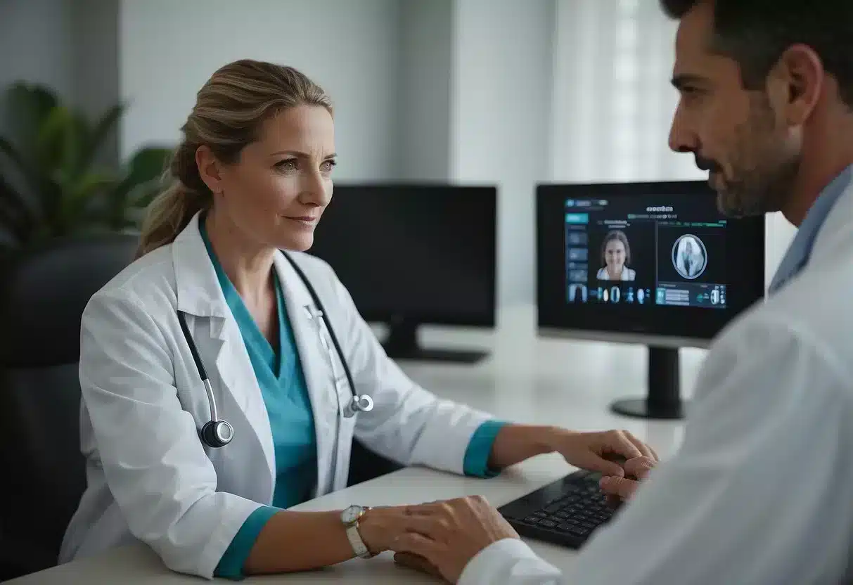 A doctor uses telemedicine to consult with a patient while incorporating preventive medicine practices