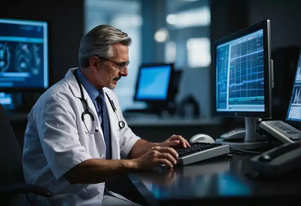 A doctor using a computer to consult with a patient, while medical equipment and technology are visible in the background