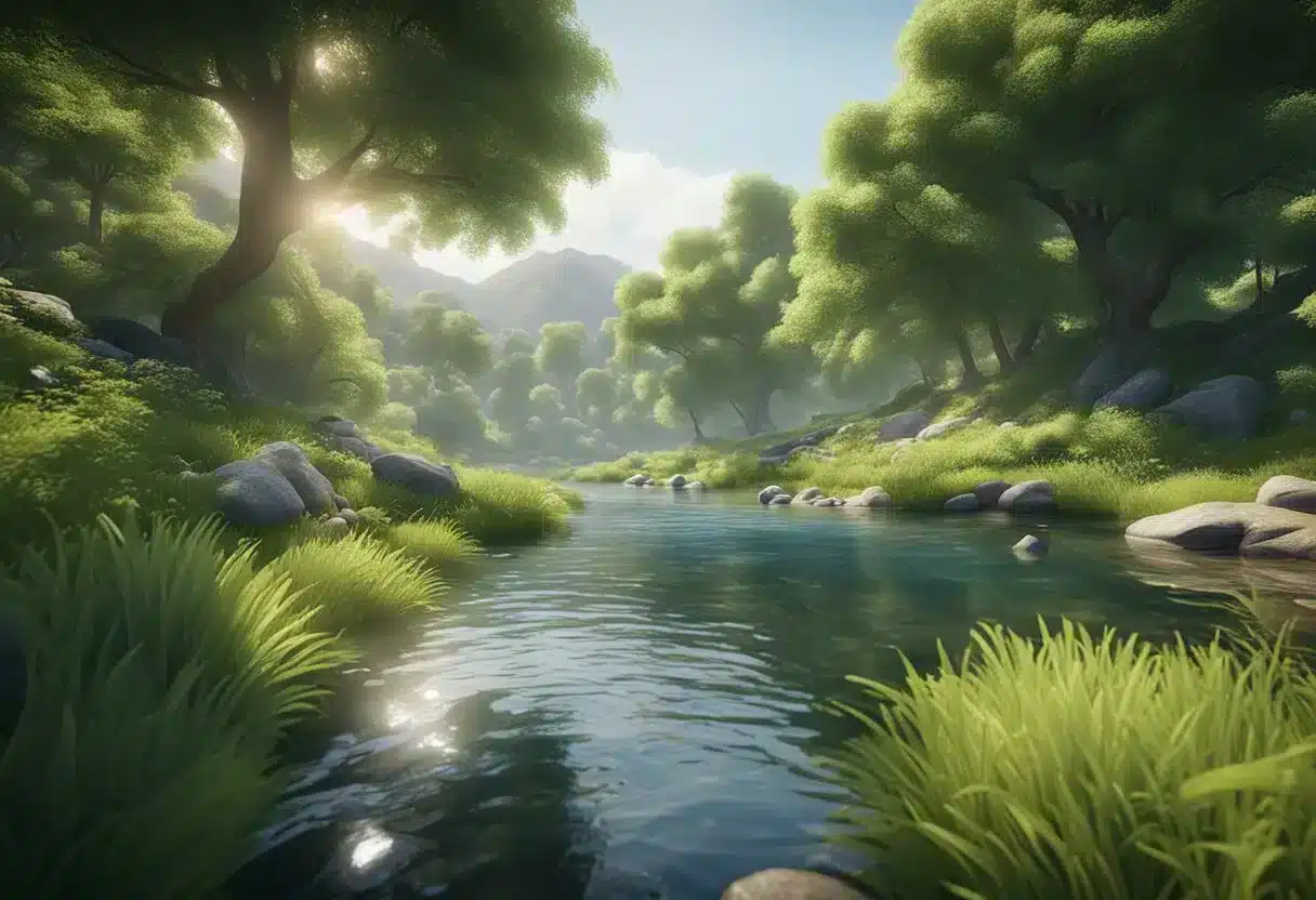 Lush green landscape with clean air and flowing water, surrounded by diverse wildlife