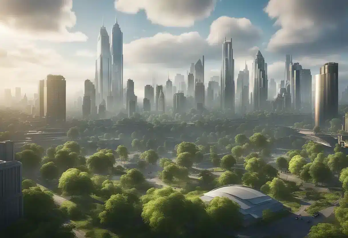 A city skyline with pollution sources and green spaces, showing the impact of environment on health