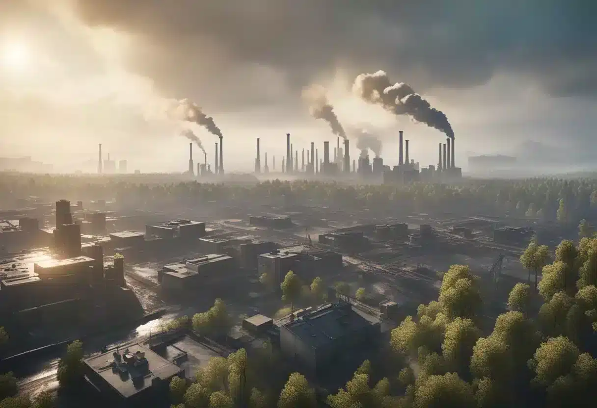 A polluted city skyline with smokestacks emitting toxic fumes, surrounded by deforested land and contaminated waterways