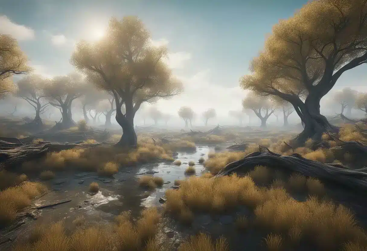 A barren landscape with dying trees, polluted water, and smog-filled air, contrasting with a lush, thriving ecosystem, symbolizing the impact of environmental change on health and the need for sustainability