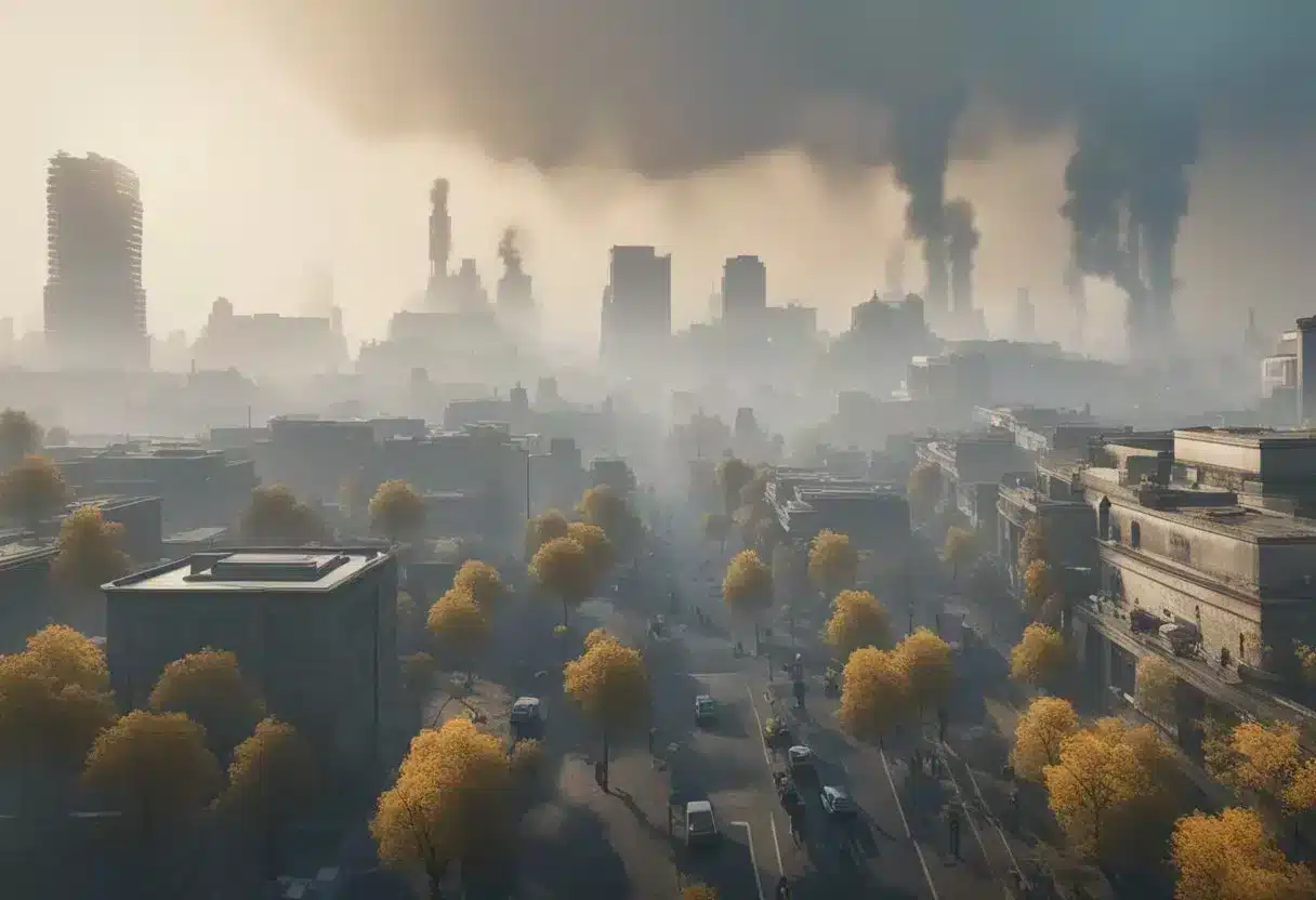 Environmental factors like pollution, climate change, and natural disasters affect health. Show a polluted city with smog, dying trees, and people wearing face masks