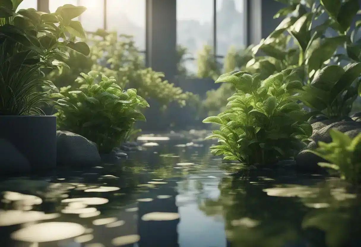 Healthy plants thriving in clean air and water, while wilted plants struggle in polluted surroundings