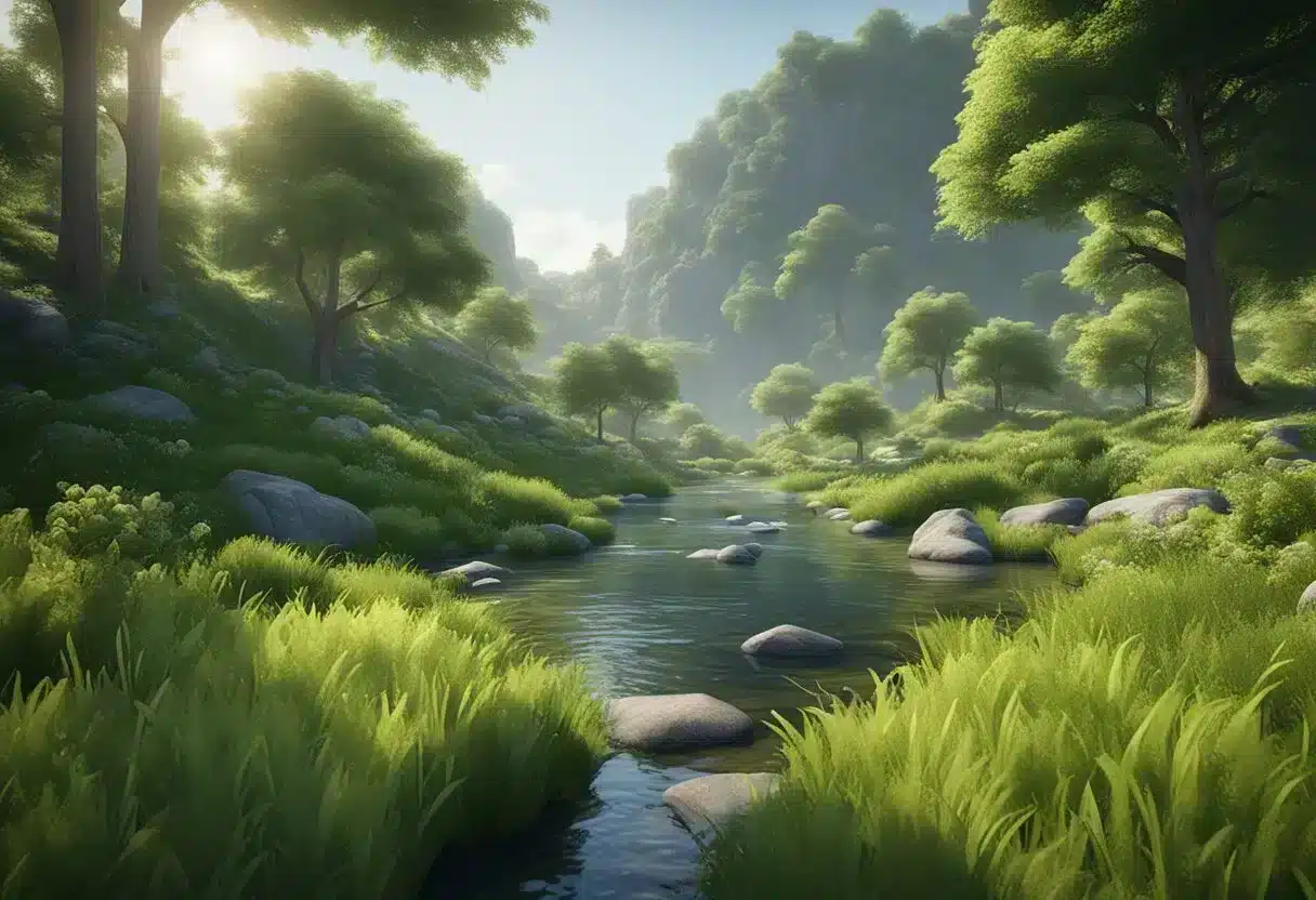 Lush green landscape with clean air, flowing water, and diverse wildlife