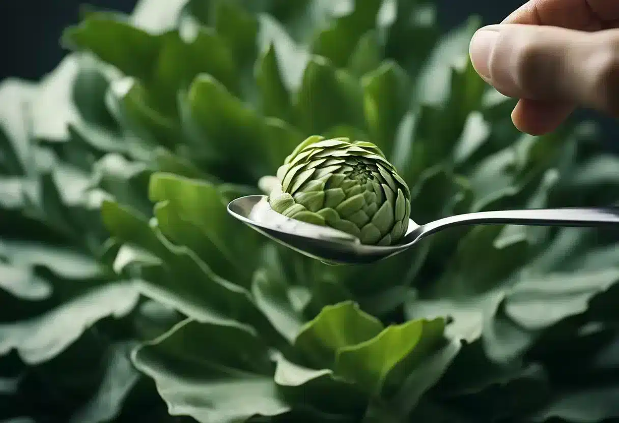 A dropper releasing artichoke leaf extract into a measuring spoon
