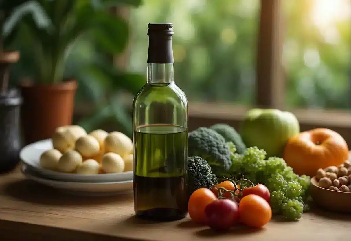 A bottle of plant sterols sits next to a plate of healthy foods, with a heart symbol in the background