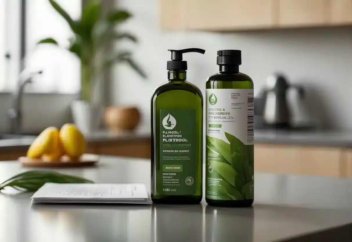 A bottle of plant sterols sits on a kitchen counter with a stack of informational brochures next to it. A heart health logo is prominently displayed on the packaging