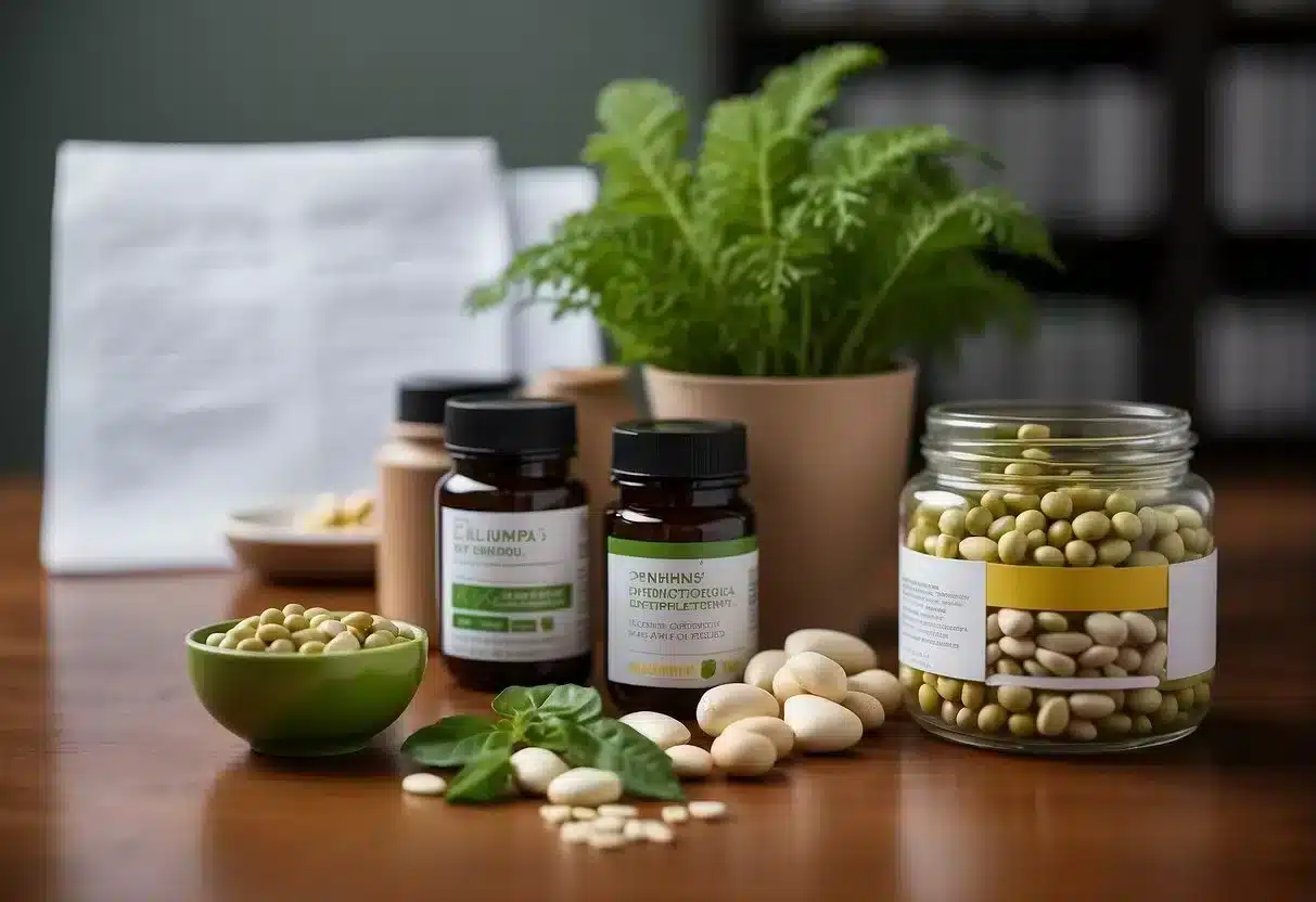 A table with plant-based foods and cholesterol-lowering supplements next to a stack of scientific papers and guidelines