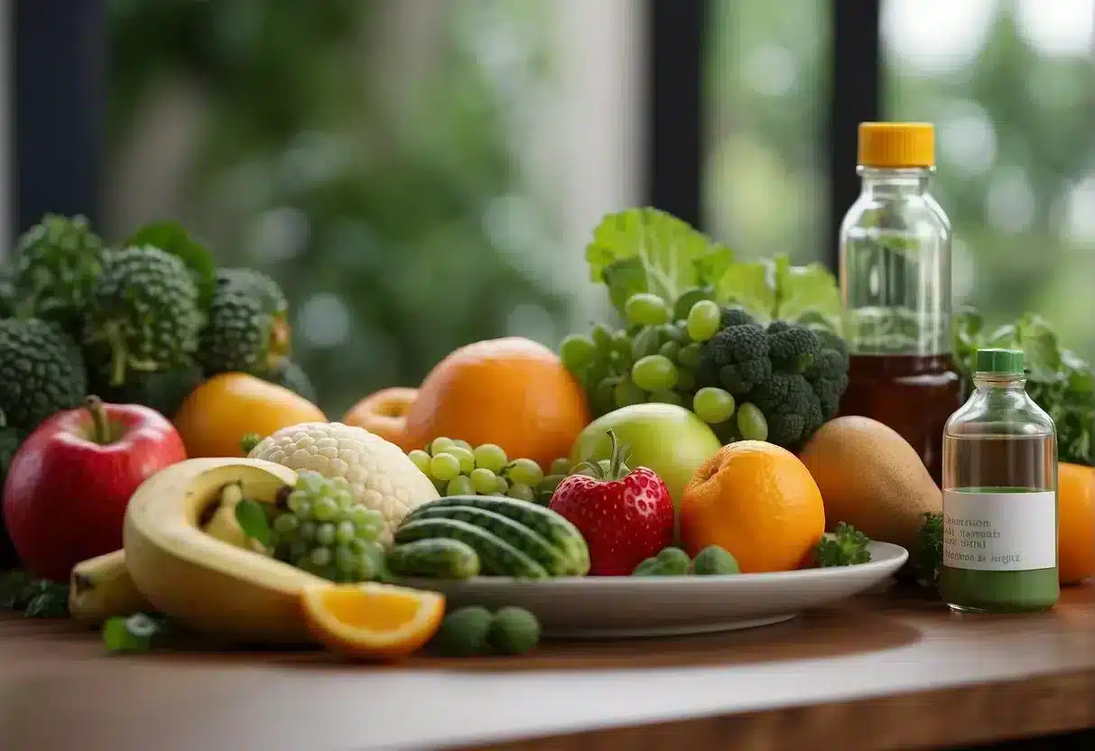 A bottle of plant sterols and stanols sits next to a plate of fruits and vegetables, symbolizing their use in managing cholesterol