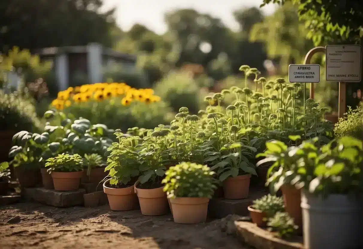 A vibrant garden with various plants rich in sterols, such as soybeans, sunflower seeds, and almonds, surrounded by informative signage about managing cholesterol