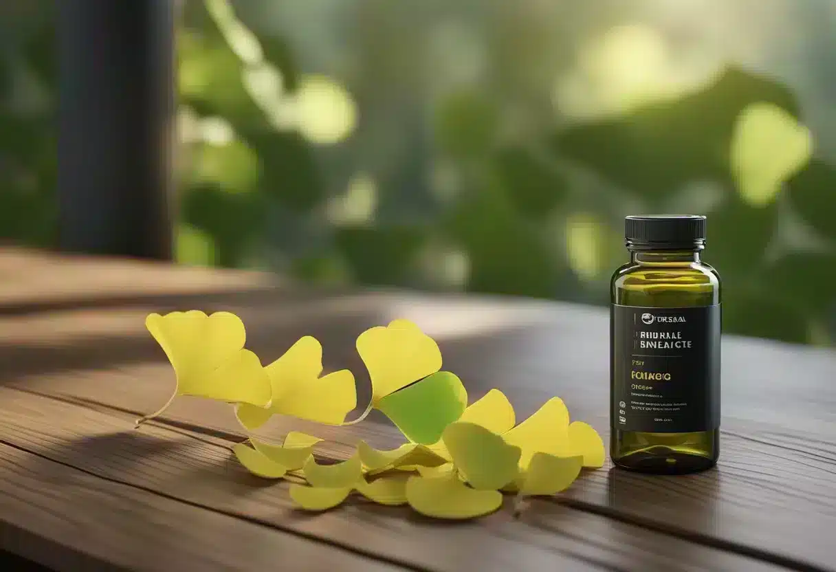 A vibrant ginkgo biloba leaf with intricate veins, surrounded by scientific symbols and chemical formulas, representing its health benefits