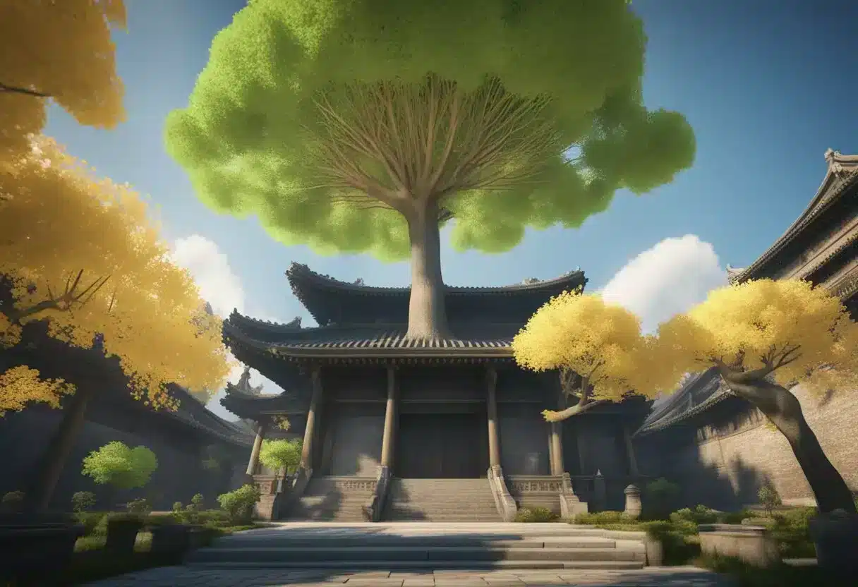 Ginkgo biloba tree stands tall, surrounded by ancient architecture. Its leaves symbolize health and longevity, representing centuries of traditional medicinal use