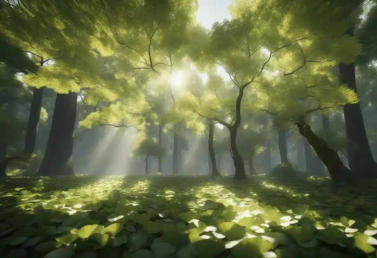 A serene forest with ginkgo biloba trees, sunlight filtering through the leaves, and a sense of tranquility and wellness permeating the scene