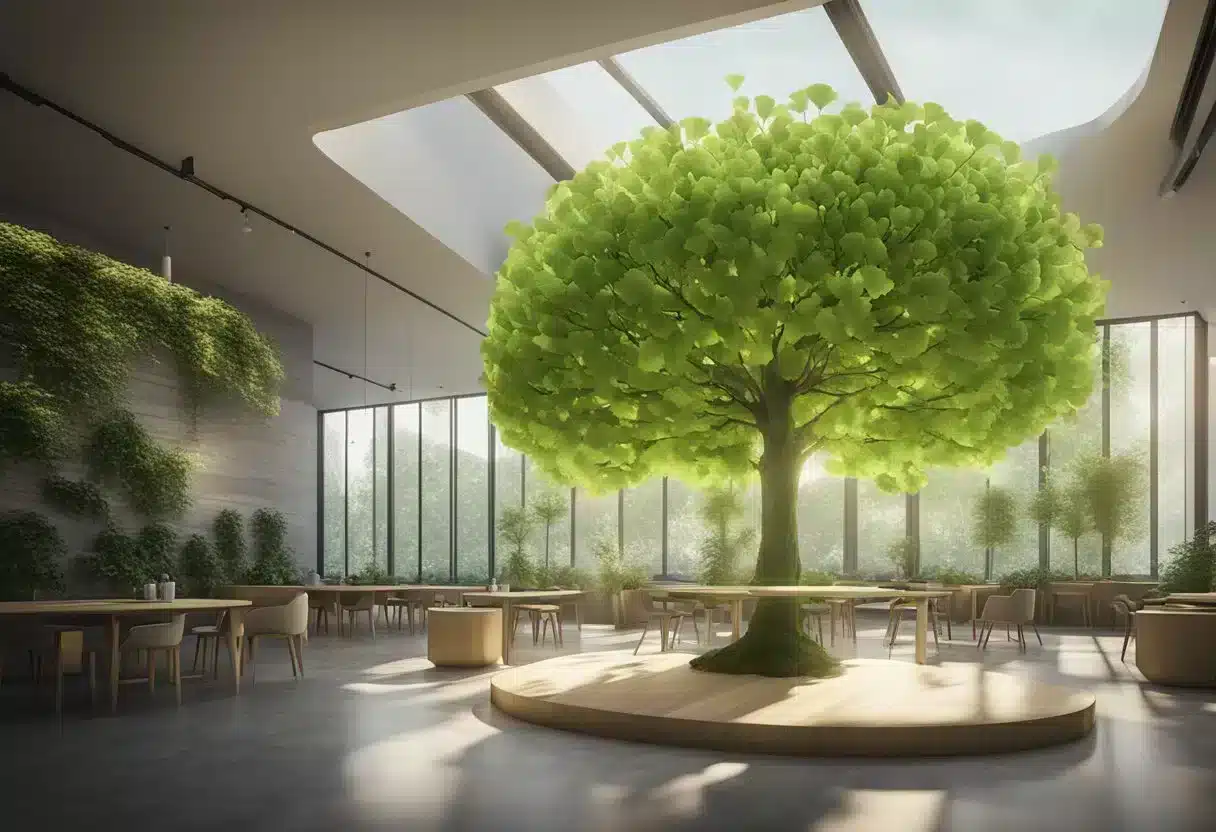 A ginkgo biloba tree stands tall, with vibrant green fan-shaped leaves. A sign nearby reads "Frequently Asked Questions: ginkgo biloba health benefits."