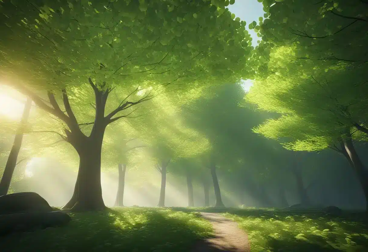 A serene forest with sunlight filtering through the branches, highlighting the vibrant green leaves of the ginkgo biloba tree