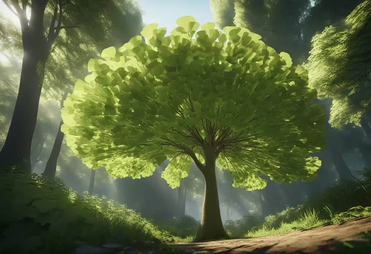 A lush green ginkgo biloba tree stands tall, with its fan-shaped leaves fluttering in the breeze. Sunlight filters through the foliage, casting dappled shadows on the forest floor
