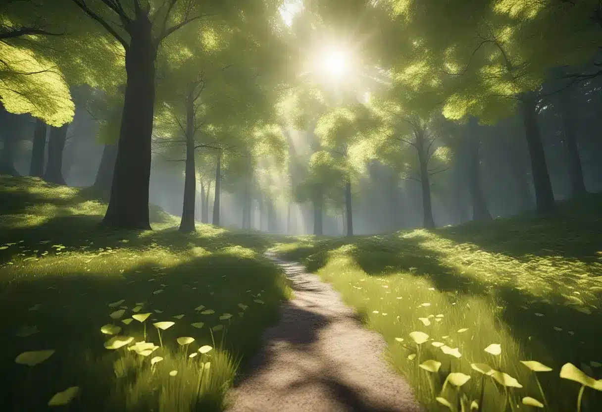 A serene forest clearing with sunlight filtering through the ginkgo biloba trees, creating a peaceful and calming atmosphere