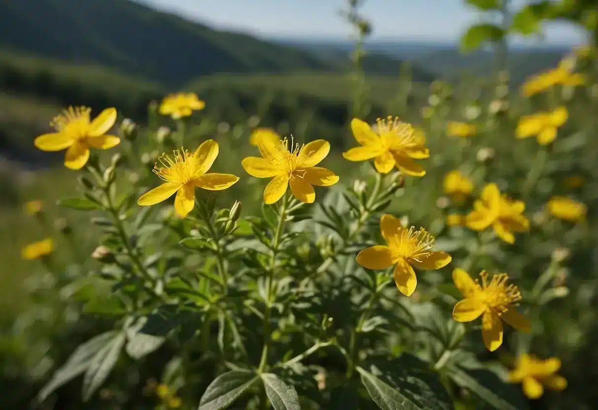 Vibrant yellow St. John's Wort flowers bloom among green leaves on a sunny hillside. Bees buzz around the blossoms, gathering nectar