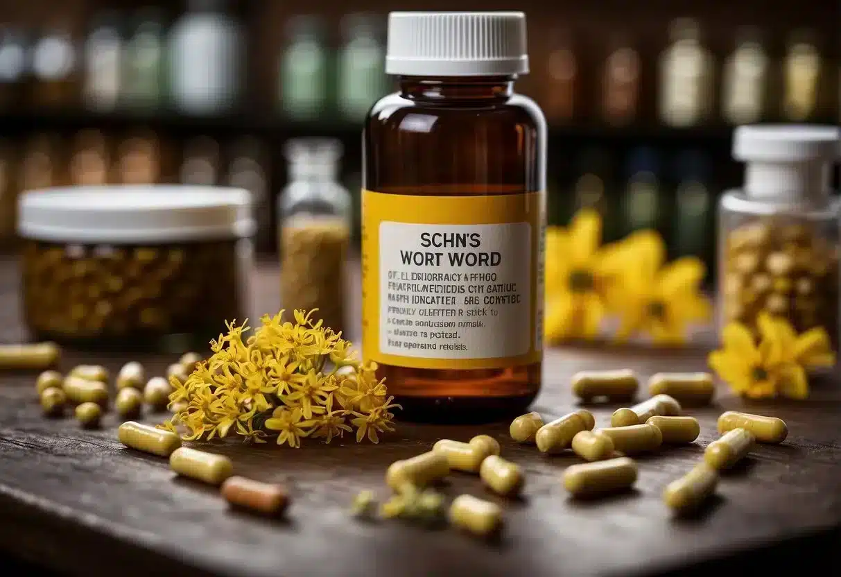 A bottle of St. John's Wort sits on a table, surrounded by various medications. A warning label is prominently displayed, indicating potential drug interactions and contraindications