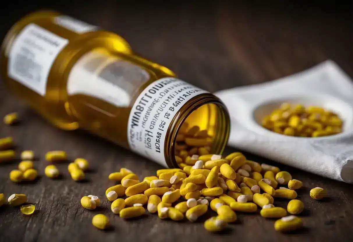 A bottle of St. John's Wort spilling pills, with a warning label and a list of side effects