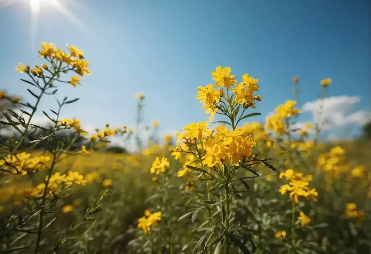 A field of vibrant yellow St. John's Wort flowers swaying in the breeze under a clear blue sky