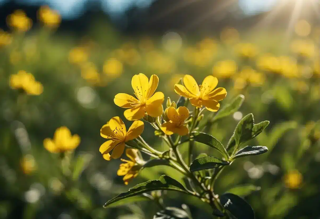 A field of vibrant St. John's Wort flowers in full bloom, with the sun shining down and casting a warm, golden glow over the landscape