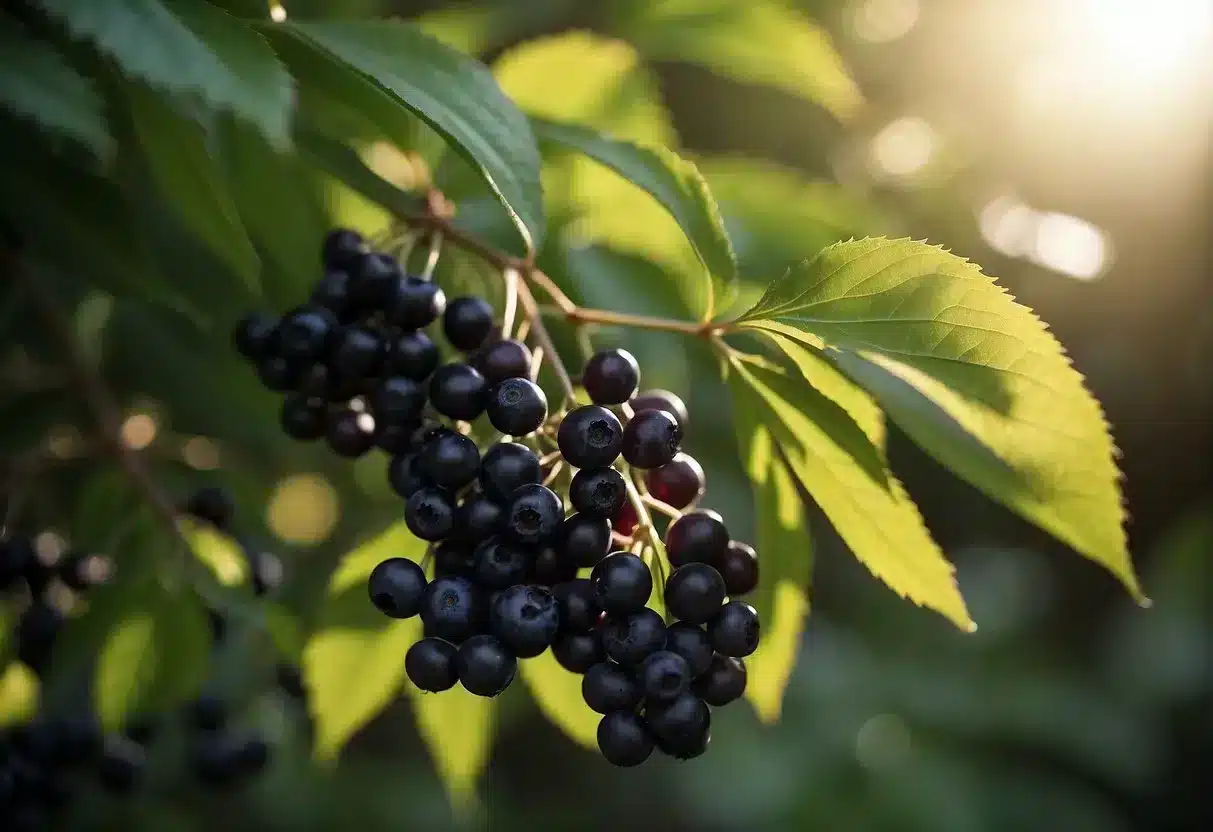 A cluster of elderberry branches with green leaves and dark purple berries, surrounded by a soft glow, evoking a sense of natural health and wellness