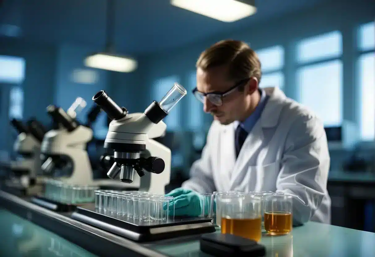A laboratory table holds test tubes, beakers, and a microscope. A scientist in a lab coat examines elderberry samples under the microscope